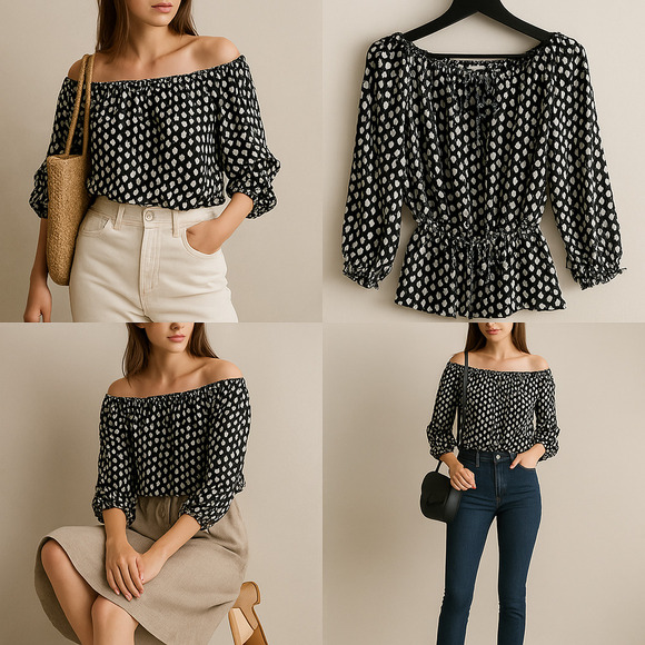 DVF Silk Off Shoulder Polka Dot Blouse | French Girl Summer | Vacation Look  NEW - Picture 4 of 16